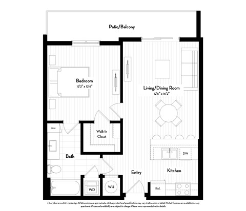 Floor plan for 1 bed, 1 bath, 693 sqft
